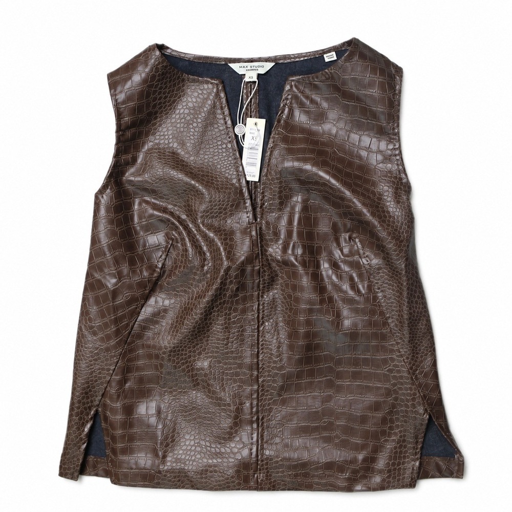 Max Studio London Brown Croc Embossed Faux Leather Vest Women's XS NWT